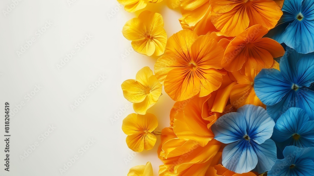 A vibrant arrangement of blue, yellow, and orange flowers against a pristine white backdrop Space provided below for text or an additional image A vibrant arrangement of blue, yellow, and orange flowers against a pristine white backdrop Space provided below for text or an additional image