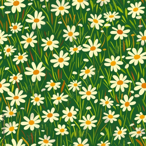 Seamless A field of white daisies with green grass