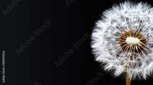  A tight shot of a dandelion against a black backdrop Foreground features a softly blurred dandelion  with sharp focus on its center