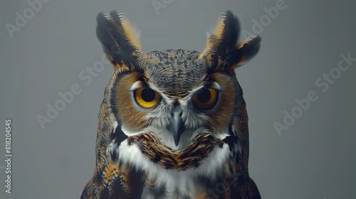 A close-up of an owl's face with orange and white stripes on its chest photo