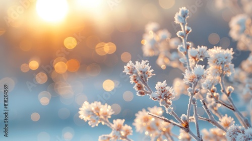  A close-up of a snow-covered plant with the sun shining through the blurred background