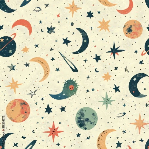 Seamless A colorful and whimsical pattern of planets, stars, and moons