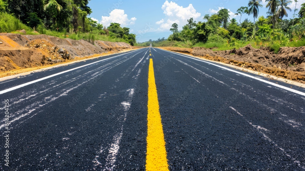 A road with a yellow line down the middle, trees lining one side, and dirt on the other A road with a yellow line down the middle, trees lining one side, and dirt on the other