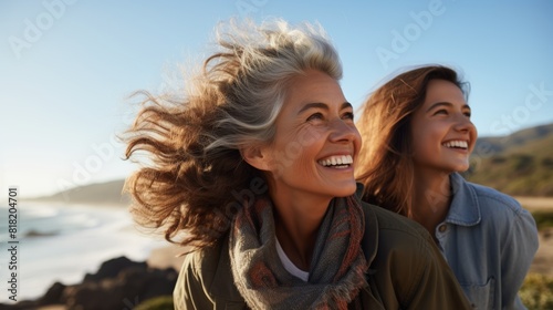  a close-up of a happy 60-year-old woman, 30-year-old woman looking out to sea 
