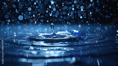  A close-up of a water drop on a dark blue surface  with water drops also present on the water s surface