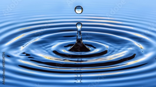  A blue water ripple is circular  with a single drop extruding from both its top and bottom in the middle