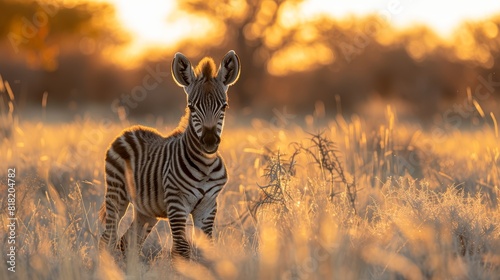  A baby zebra stands amidst a field of tall grass as the sun sets, framed by trees in the background
