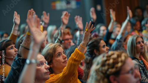 Diverse Audience With Raised Hands at Professional Seminar