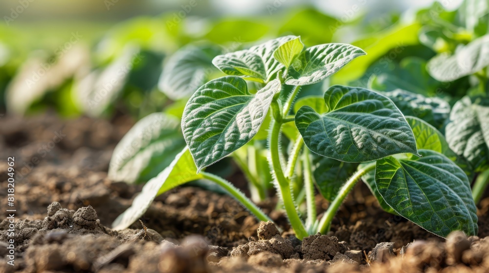 A tight shot of a small green plant against a dirt backdrop with other plants in the distance and a hazy, indistinct sky above A tight shot of a small green plant against a dirt backdrop with other plants in the distance and a hazy, indistinct sky above