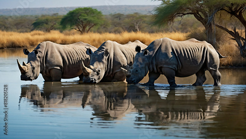 a herd of rhinos was bathing in the lake