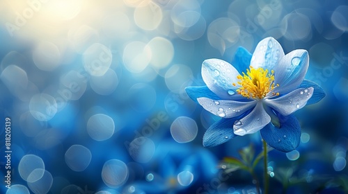  A tight shot of a blue flower  adorned with dewdrops  against a softly blurred backdrop of similar flowers with water droplets on their petals  while sport