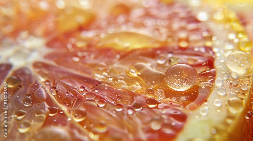 A close-up of a grapefruit with dew drops on its exterior and rim A close-up of a grapefruit with dew drops on its exterior and rim