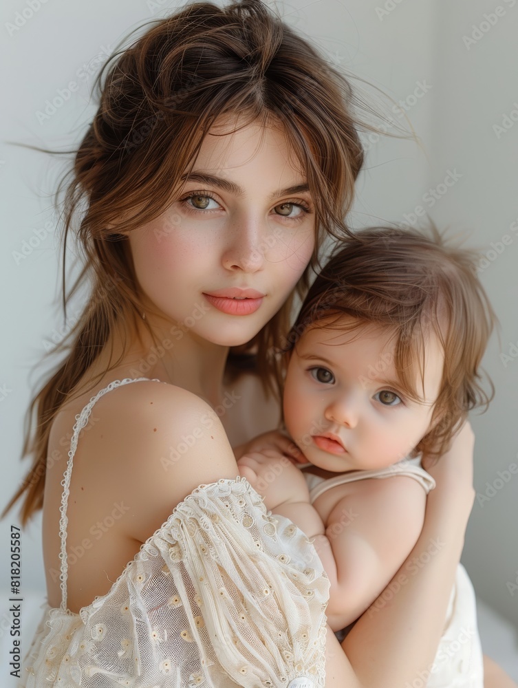a beautiful model woman with a baby in her arms, 25 year old, brown hair a beautiful model woman with a baby in her arms, 25 year old, brown hair