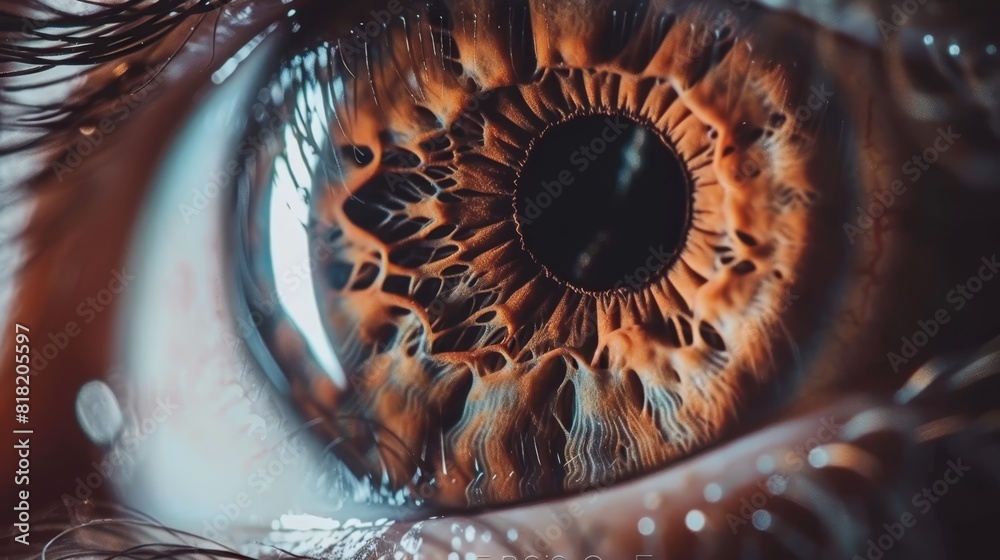  A detailed view of a human eye's iris, revealing its intricate structure and a portion thereof
