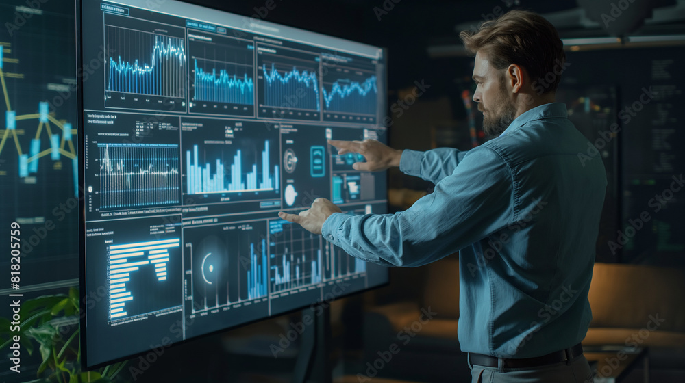 An economist analyzing market trends on a large interactive touchscreen in a modern office environment. Dynamic and dramatic composition, with copy space