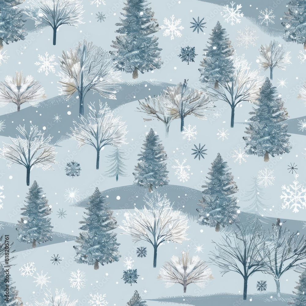 Seamless A blue and white winter scene with trees and snow Seamless A blue and white winter scene with trees and snow