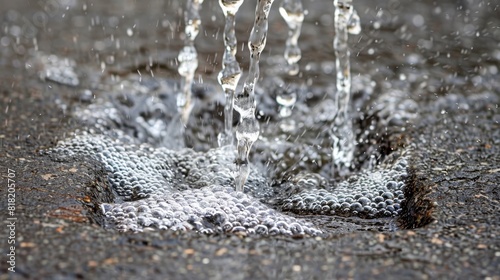 A tight shot of water gushing from a hole in the ground, with water streaming out from both the hole and its source