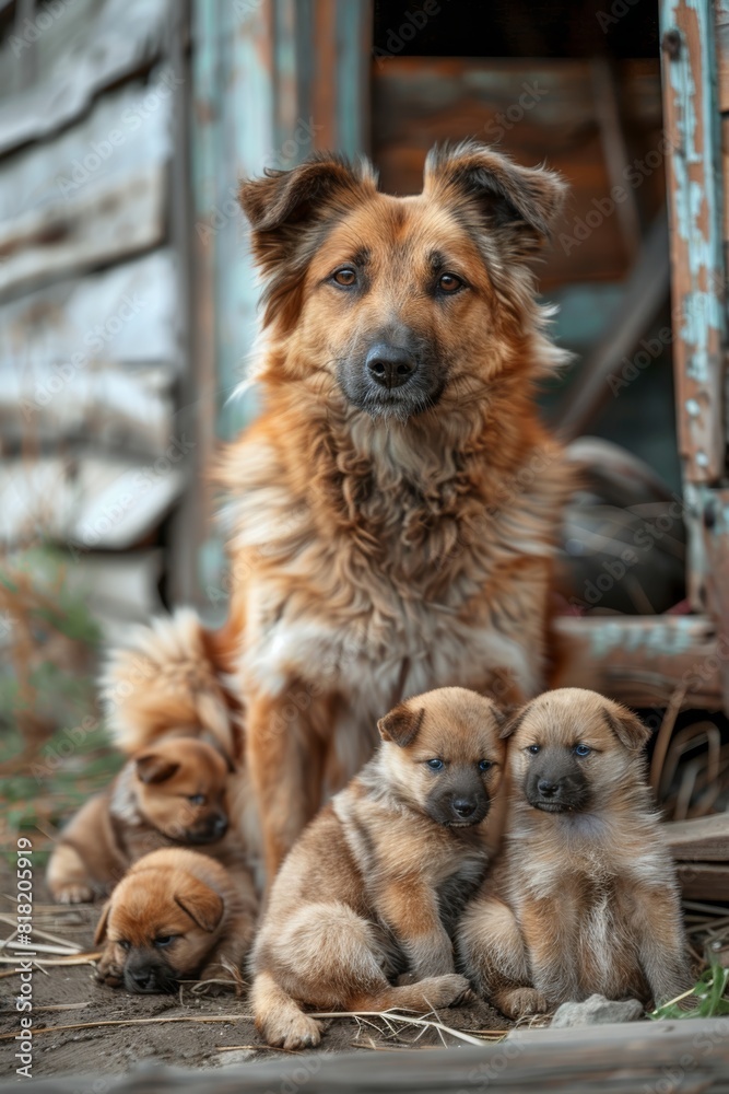 abandoned dog with small puppies on the background of an abandoned house outdoors abandoned dog with small puppies on the background of an abandoned house outdoors