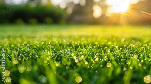  A lush field of green grass, sun-kissed with shimmering droplets scattered among the blades