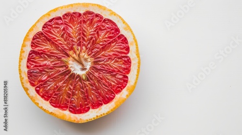  Close-up of grapefruit halved, bite from end on white background White surface beneath photo