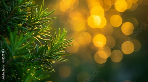  A close-up of a pine tree branch with a blurred background of yellow and green lights