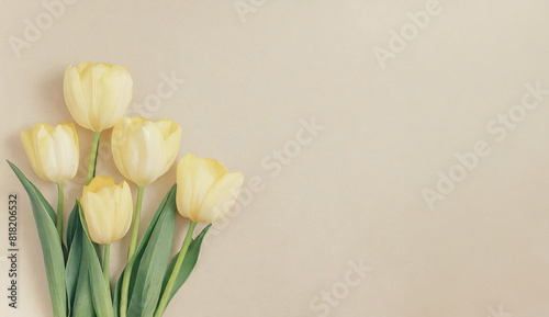 Illutration of yellow spring tulip flowers on paper background top view in flat lay style. Greeting card for Womens, Mothers Day, wedding invitation or Spring Sale Banner. Generative AI.