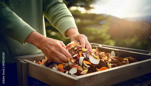 Woman hands delicately places kitchen scraps, including vibrant vegetable peels and eggshells, into a wooden compost bin. The scene is bathed in the warm glow of the golden hour. Generative Ai.
