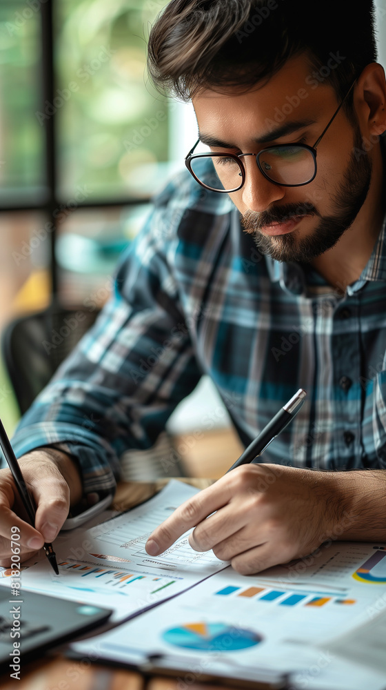 An Accountant looks at a financial report, professional accounting company, digital marketing, optimization, guy calculating a sales margin An Accountant looks at a financial report, professional accounting company, digital marketing, optimization, guy calculating a sales margin