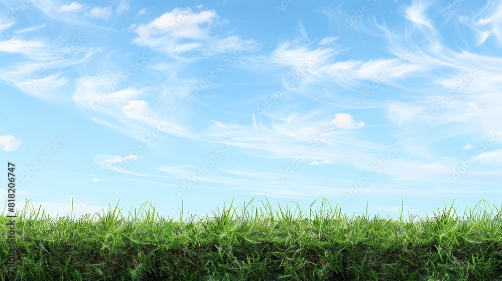  A field of green grass beneath a blue sky Wispy clouds dot the background In the foreground, a red fire hydrant stands