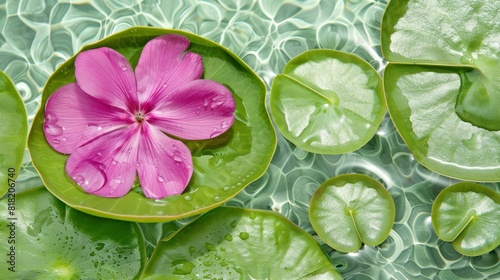  A pink flower floats in a bowl of water, surrounded by lily pads and green leaves The water's surface is dotted with ripples