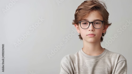  A young boy in black glasses and a gray T-shirt, hands folded, gazes seriously into the camera