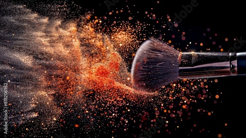  A tight shot of an orange and yellow-speckled brush against a black backdrop, with a smatter of orange dust forming a splash photo