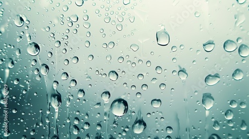 Drops of water on a windowpane with a blue sky in the image background A blue sky is visible in the distance