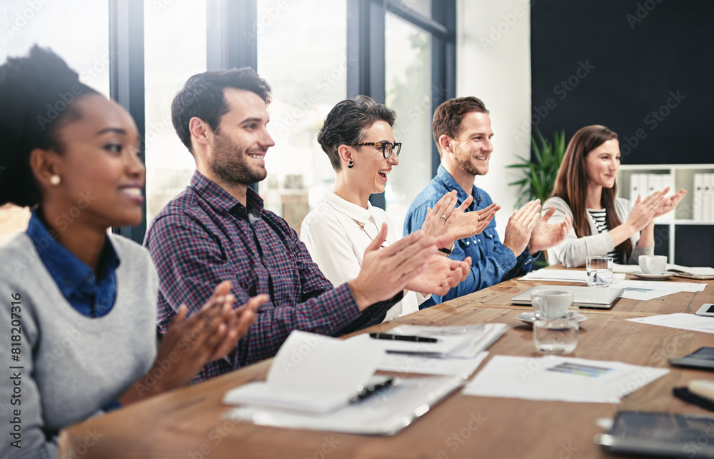 Applause, presentation and business people in meeting, conference or workshop in boardroom. Celebration, group and teamwork or employees clapping for support in office, goals and company results Applause, presentation and business people in meeting, conference or workshop in boardroom. Celebration, group and teamwork or employees clapping for support in office, goals and company results