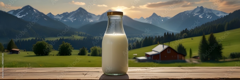 Fresh milk in a glass bottle on a wooden table, alpine background