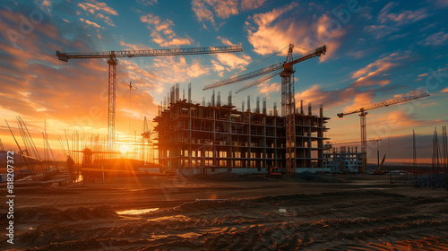 Building Under Construction With Sunset Background