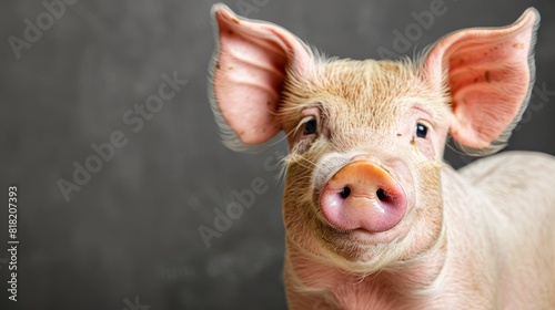  A close-up of a small pig's face against a black backdrop, with a separate gray wall in the background