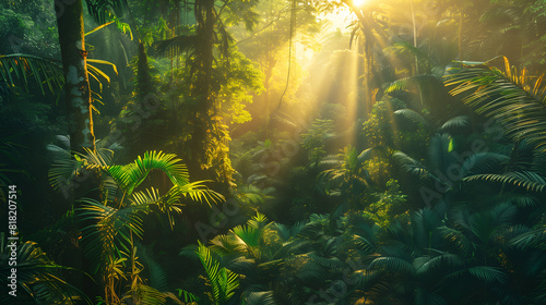 A lush  dense jungle with sunlight filtering through the green leaves at sunset