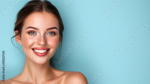  A young woman, beautifully radiant, sports blue eyes and a beaming smile against a tranquil blue backdrop Her skin tone exudes a gentle softness