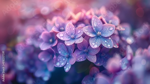  A close-up of purple and pink flower petals dotted with water droplets against a blurred background