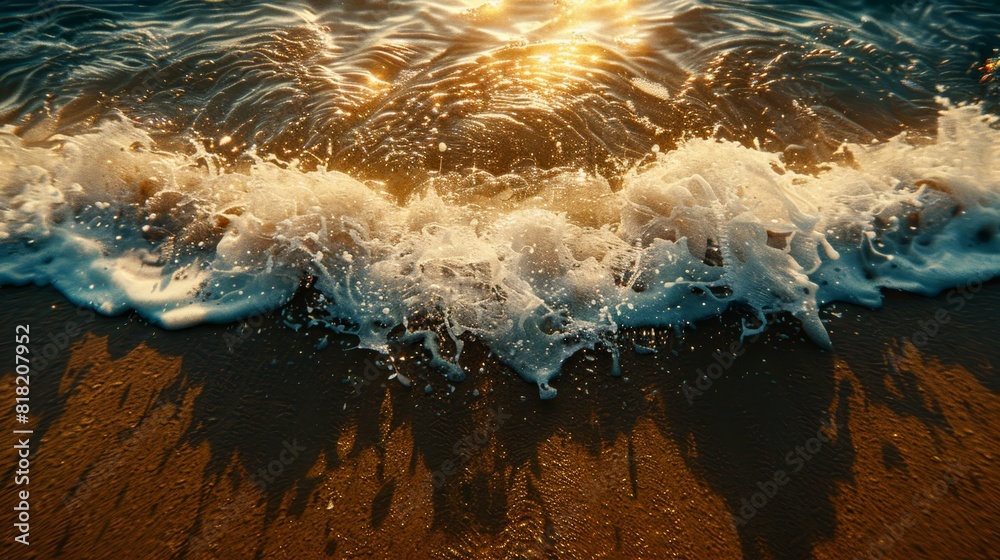 A tight shot of a wave on the shore, sun illuminating its surface, casting a shadow on the sand below, revealing the wave's sandy bottom