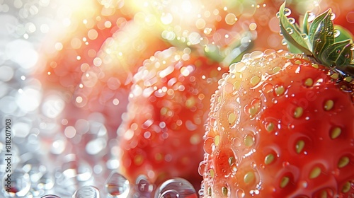  A tight shot of strawberries, with water droplets clinging to their stems and red bases