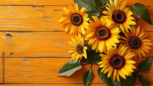 A yellow wooden backdrop showcases a vibrant bouquet of sunflowers, leaving ample room for text or an accompanying image on a postcard, greeting card, or broch