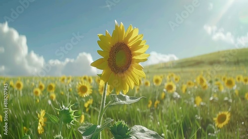  A sunflower amidst a field of sunflowers, against a backdrop of a blue sky dotted with clouds, featuring a handful of clouds and one sunflower at the fore