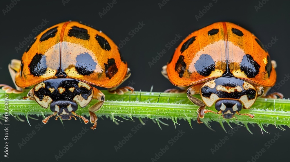 Two orange and black insects perch on a green grass stalk, seated atop a green stem The bugs' legs conclude in tiny, white dot ends Two orange and black insects perch on a green grass stalk, seated atop a green stem The bugs' legs conclude in tiny, white dot ends