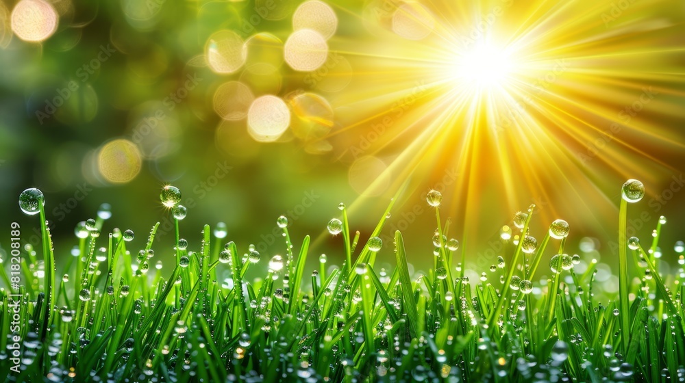  The sun shines brightly behind a field of dew-covered, emerald grass