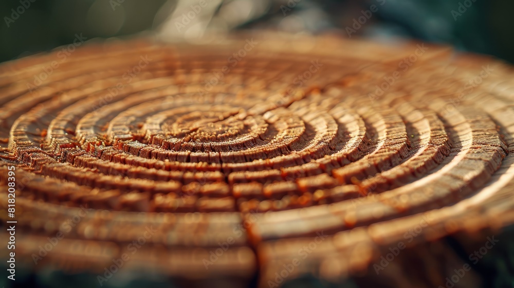 A tight shot of a tree stump, displaying a spiral pattern in its center Surrounding background consists of trees, subtly out of focus A tight shot of a tree stump, displaying a spiral pattern in its center Surrounding background consists of trees, subtly out of focus