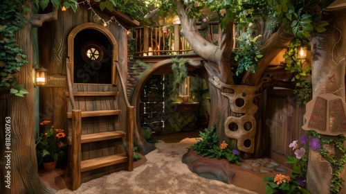 A cozy treehouse interior featuring a wooden staircase  lanterns  and lush greenery during dusk.