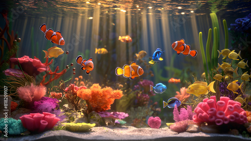Nemo fishes in the underwater world. Marine life. Sea creatures.