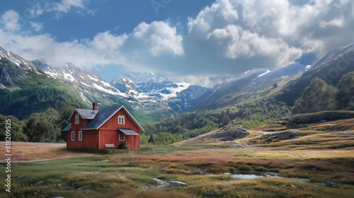 A red hut or house in the valley among the snowy mountains.